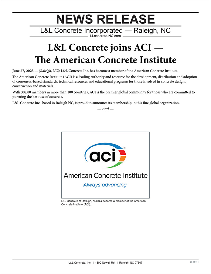 L&L Concrete of Raleigh joins ACI — The American Concrete Institute